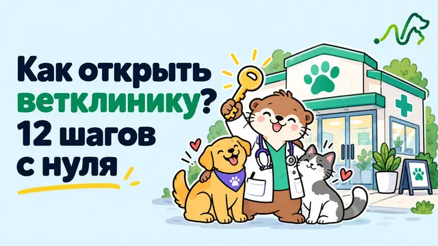 Выдра Лилла с ключом у входа в новую ветклинику, рядом собака и кошка: как открыть ветклинику с нуля за 12 шагов