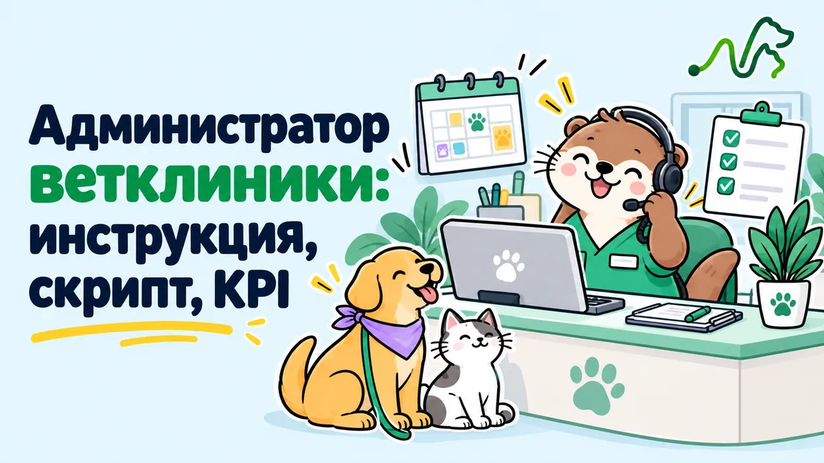 Лилла в гарнитуре за стойкой администратора, рядом собака и кошка: инструкция, скрипт и KPI администратора ветклиники