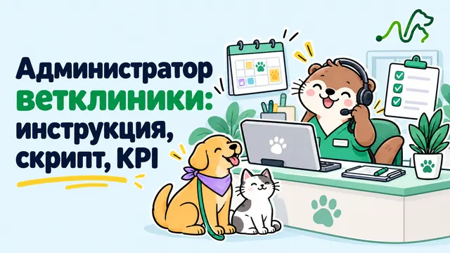 Лилла в гарнитуре за стойкой администратора, рядом собака и кошка: инструкция, скрипт и KPI администратора ветклиники