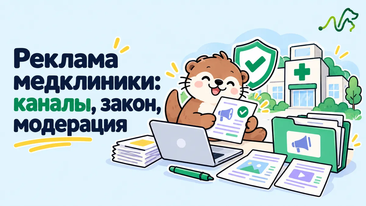 Лилла у ноутбука с документами и отметкой проверки: реклама медицинской клиники, каналы, закон и модерация